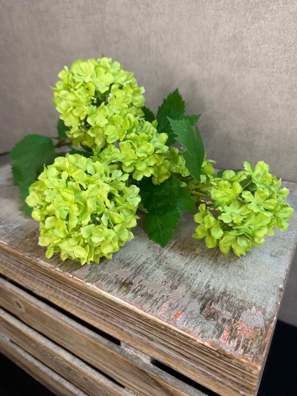 Kunstbloem sneeuwbal met meerdere groene bolvormige bloemkoppen en getande bladeren op een houten ondergrond.