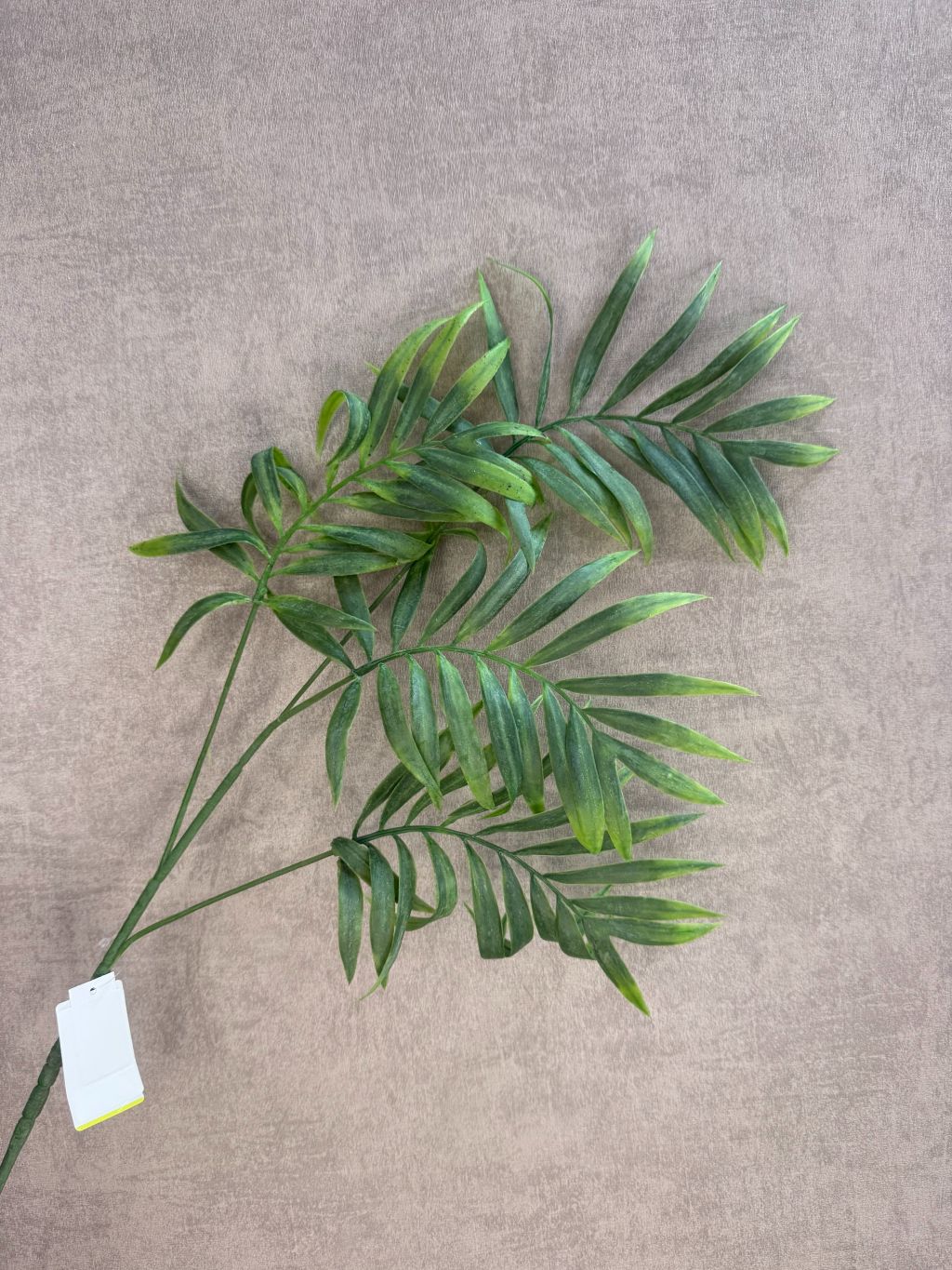Kunsttak palm met meerdere groene, langwerpige bladeren op een stevige steel, gefotografeerd tegen een zachte beige achtergrond.