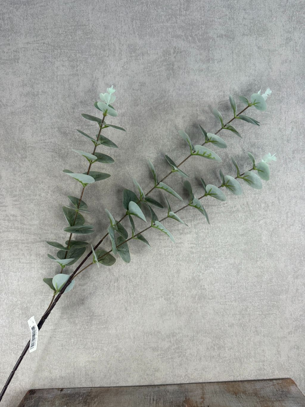 Kunsttak eucalyptus van 82 cm met grijsgroene bladeren tegen een lichtgrijze achtergrond.