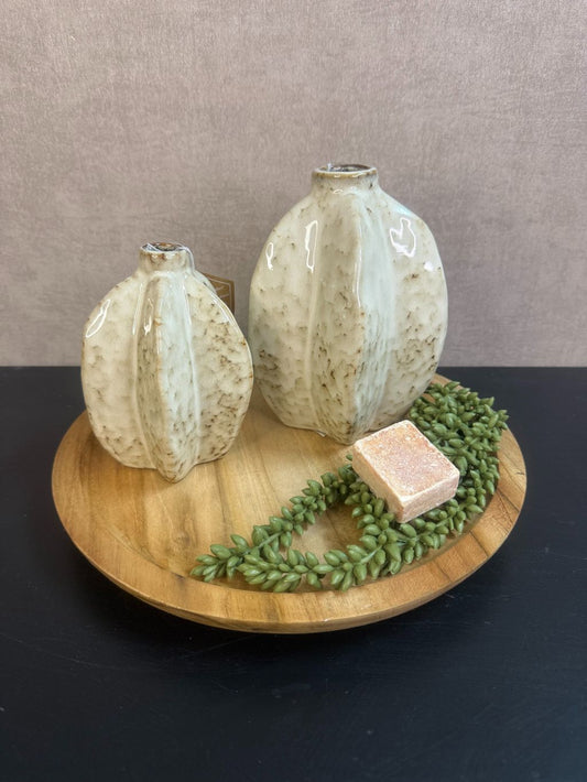 Tafel decoratie set Ellen – houten dienblad met twee beige keramieken vaasjes, groen erwtenplantje en amberblokje in zachte tinten.