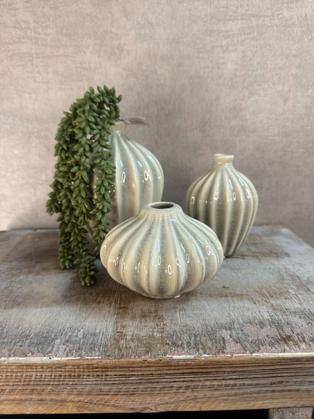 Set van drie keramieken vazen Amelie in grijs/beige met organische golvende vormen en glanzende afwerking met kunst erwtenplant