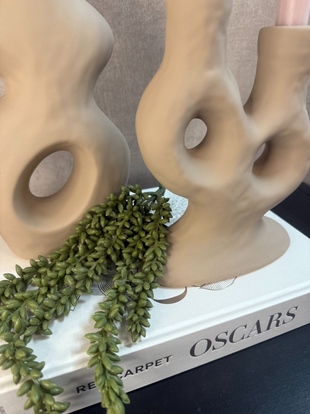 Vakkenkast decoratieset met beige ornament en kandelaar met nude kaarsen op tafelboek Oscars, afgewerkt met een groen erwtenplantje.