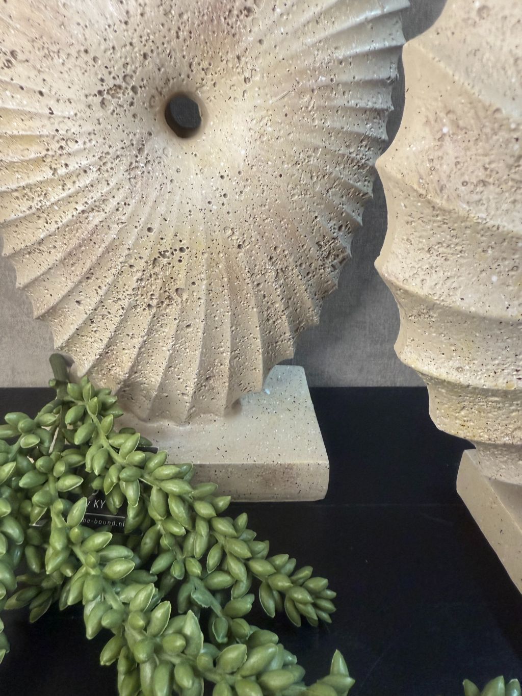 Structuur van de ornamenten en een groene kunst erwtenplant