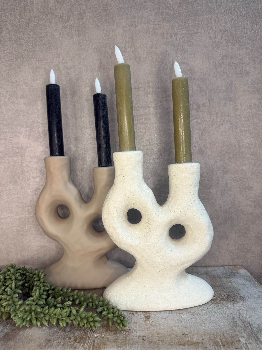 Kandelaar Katia | Beige en creme met led kaarsen