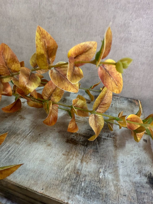 Lange kunsttak met bruin-rose eucalyptusbladeren tegen een grijze achtergrond.