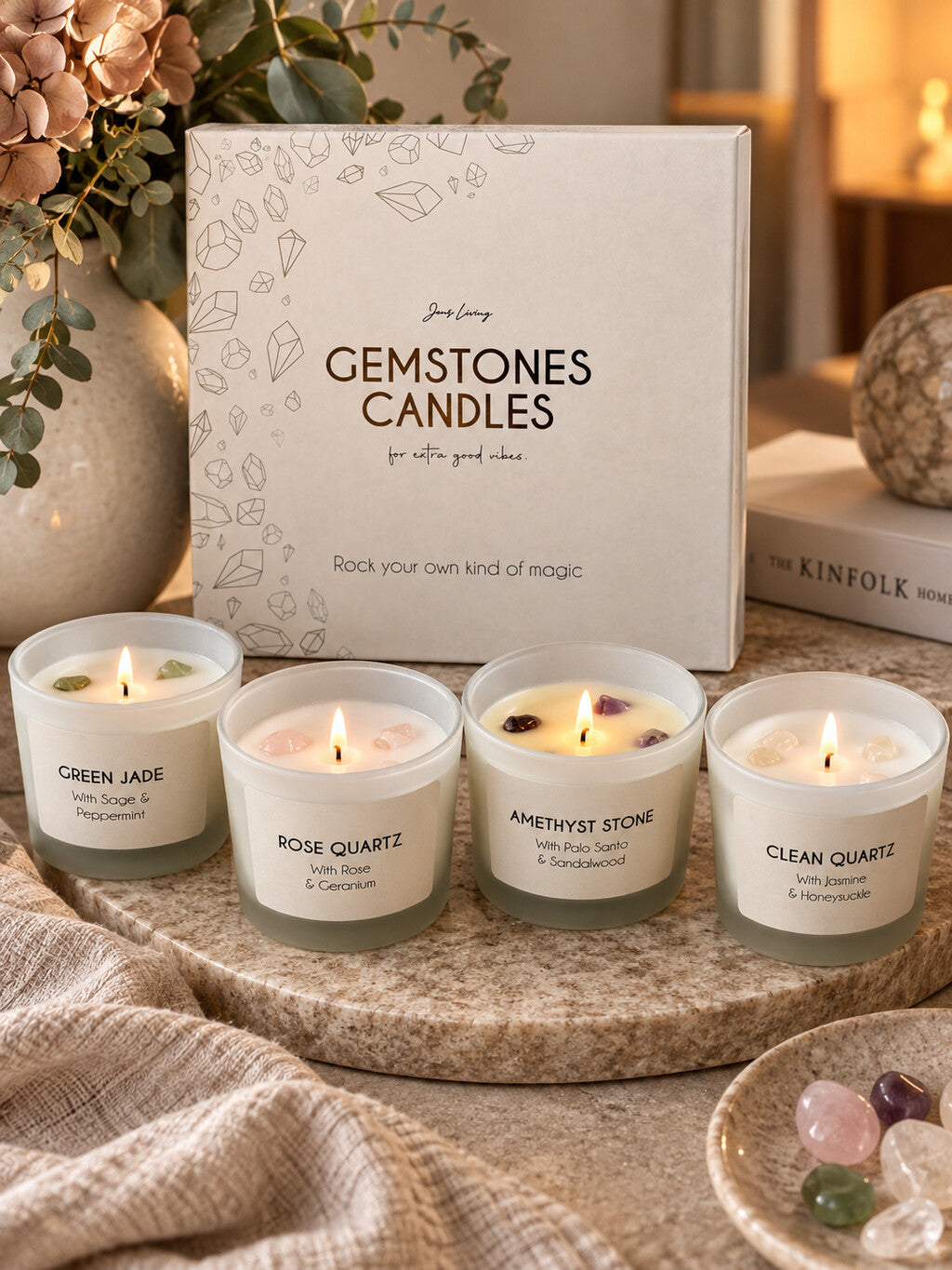 Cadeauset Gemstone van JENS Living met vier geurkaarsen met edelstenen in luxe cadeauverpakking.