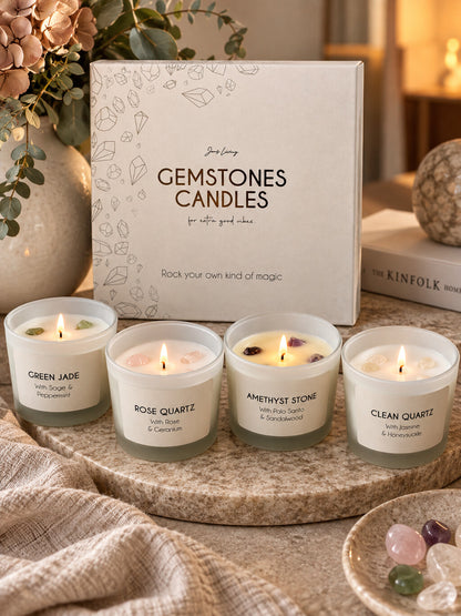 Cadeauset Gemstone van JENS Living met vier geurkaarsen met edelstenen in luxe cadeauverpakking.