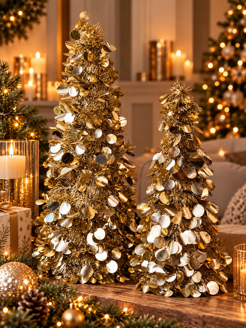 Champagne gouden Kerstboom Twinkle met glanzende decoratie, verkrijgbaar in twee formaten.