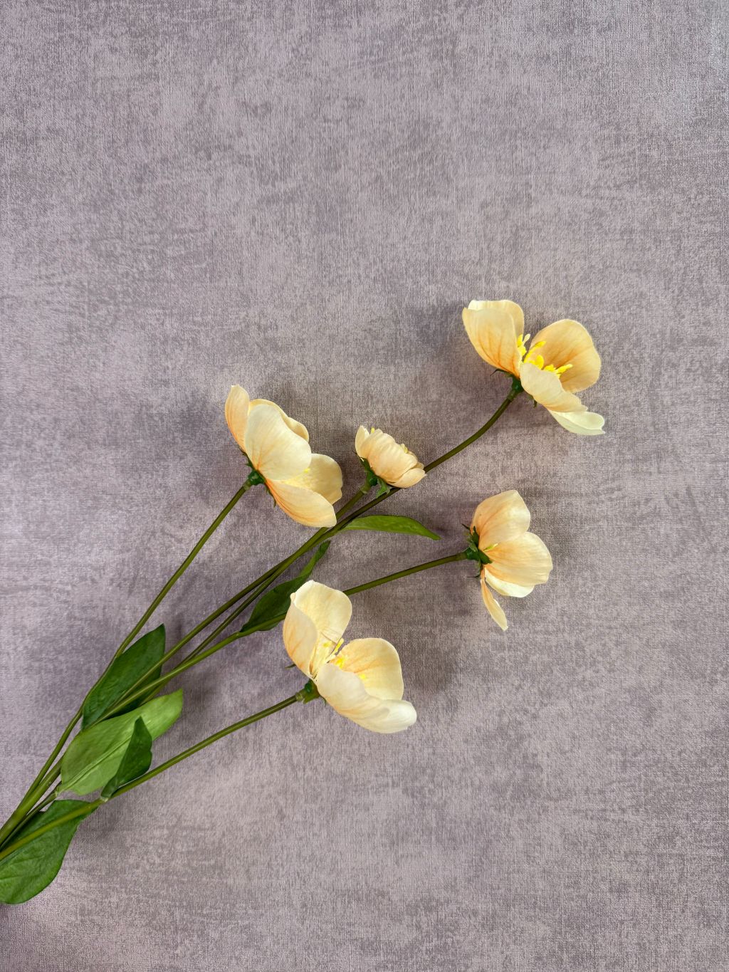 Kunstbloem Melastoma met zachte gele bloemen en groene bladeren tegen een neutrale achtergrond.