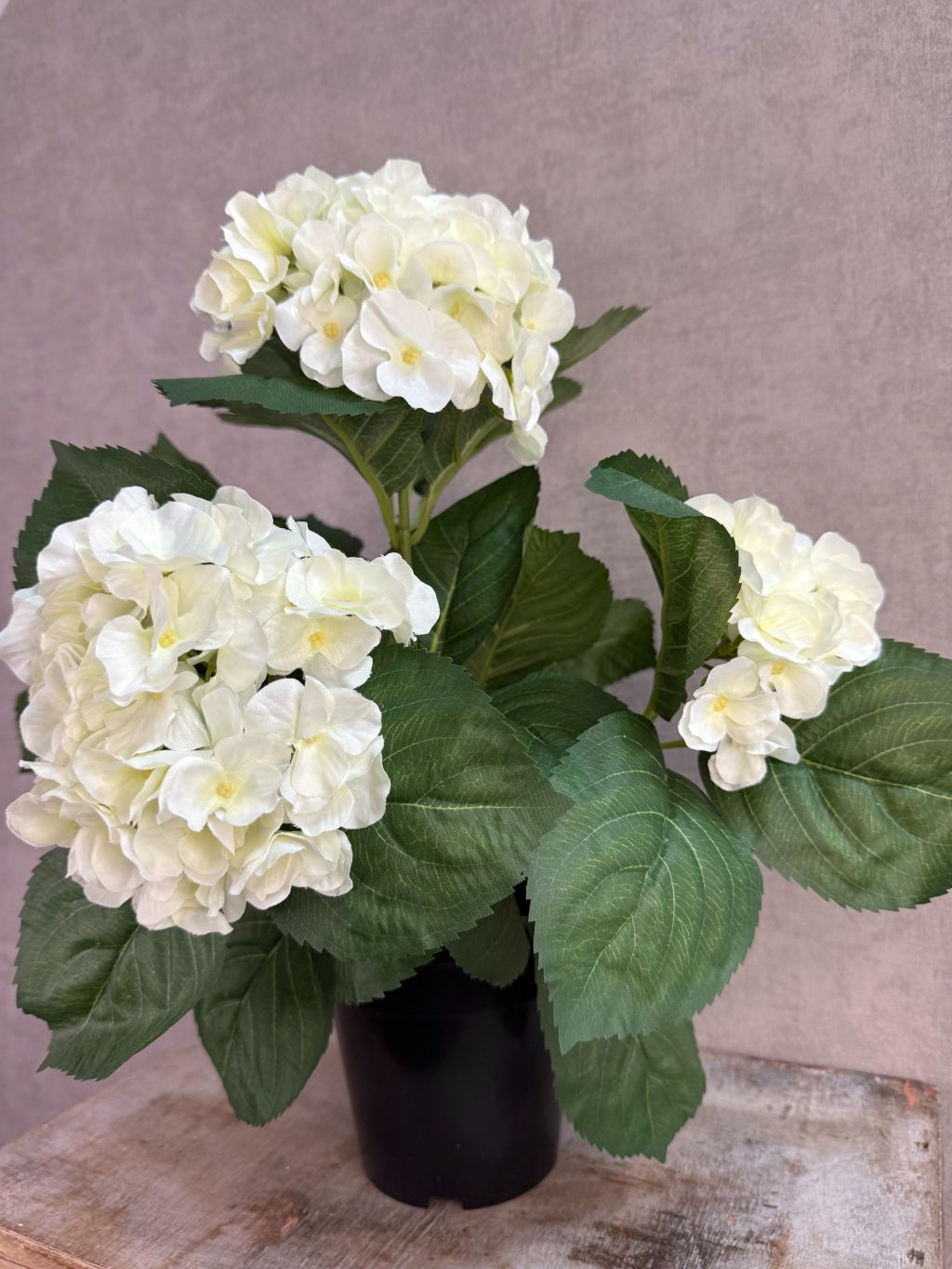Witte kunst hortensia met groene bladeren op een houten ondergrond.