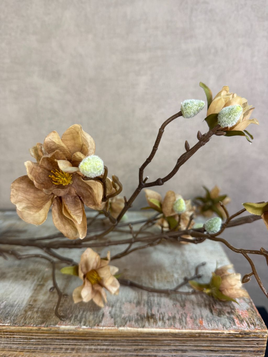 Lichtbruine kunsttak met bloesems en vertakte structuur tegen een neutrale achtergrond