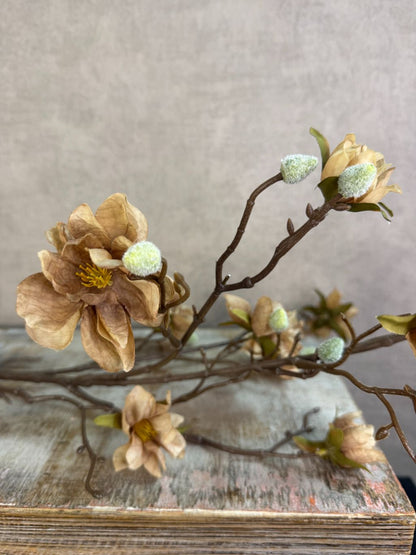 Lichtbruine kunsttak met bloesems en vertakte structuur tegen een neutrale achtergrond