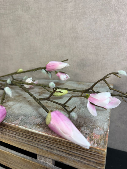 Kunsttak magnolia met roze knoppen en vertakte steel, gefotografeerd tegen een neutrale achtergrond.