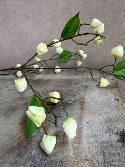 Kunsttak met crèmekleurige bloesemknoppen en groene bladeren liggend op een houten ondergrond.