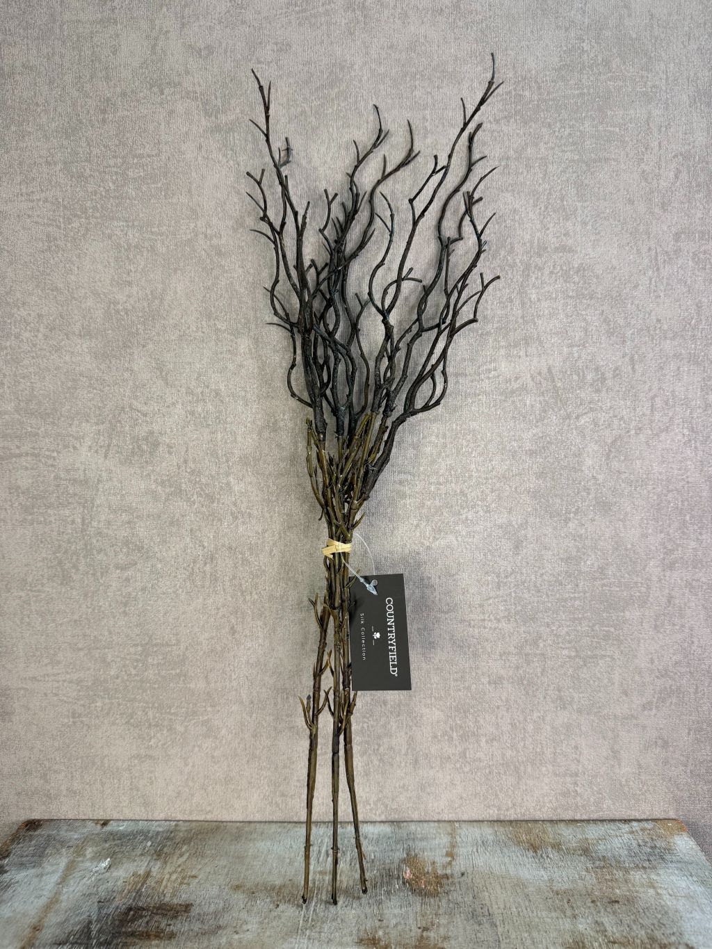 Bos kunsttakken Myrica in bruine kleur met drie vertakte takken, rechtop geplaatst tegen een neutrale achtergrond.