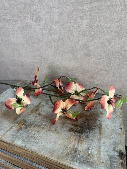 Kunsttak met bruine en crème bloesems en groene knoppen tegen een neutrale achtergrond.