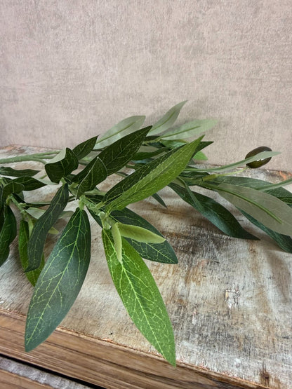 Groene kunsttak met olijfvruchten en langwerpige bladeren tegen een neutrale achtergrond.