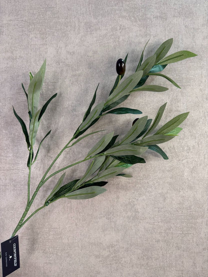 Groene kunsttak met olijfvruchten en langwerpige bladeren tegen een neutrale achtergrond.