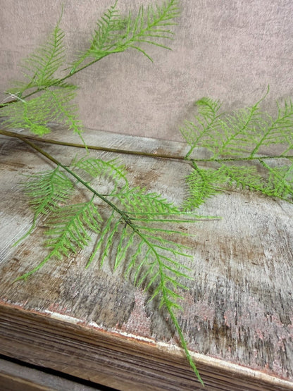 Kunsttak varen in lichtgroene kleur met fijne, sierlijke bladeren aan een lange steel tegen een neutrale achtergrond.