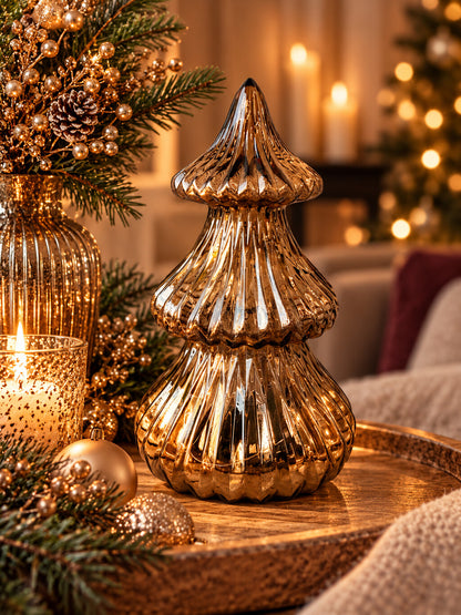 Bruine glazen LED kerstboom van 21 cm met geribbelde structuur en warme verlichting.
