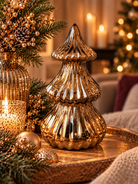 Bruine glazen LED kerstboom van 21 cm met geribbelde structuur en warme verlichting.