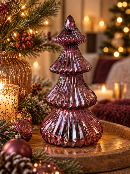 Paarse glazen LED kerstboom van 24 cm met geribbelde structuur en sfeerverlichting.