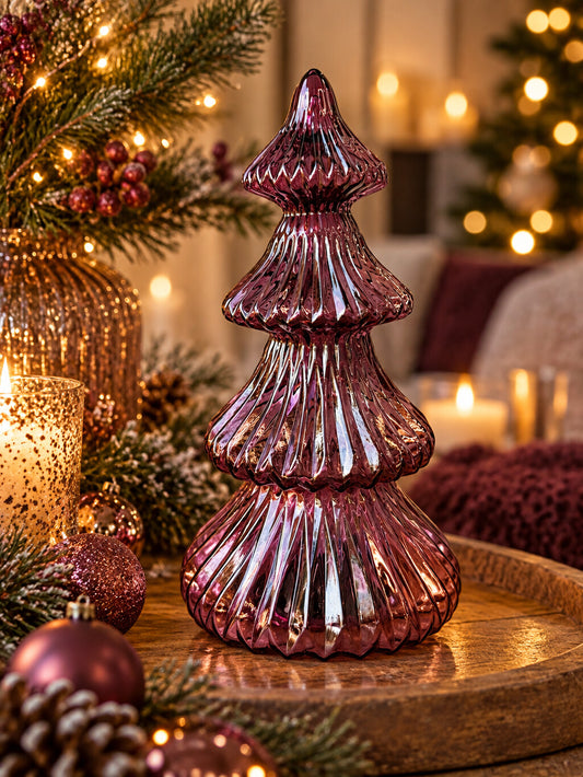 Paarse glazen LED kerstboom van 24 cm met geribbelde structuur en sfeerverlichting.