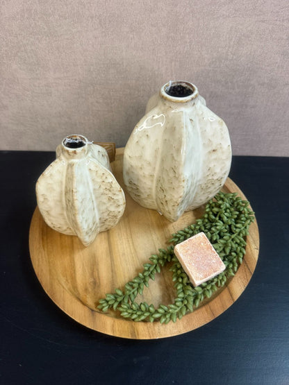 Tafel decoratie set Ellen – houten dienblad met twee beige keramieken vaasjes, groen erwtenplantje en amberblokje in zachte tinten.