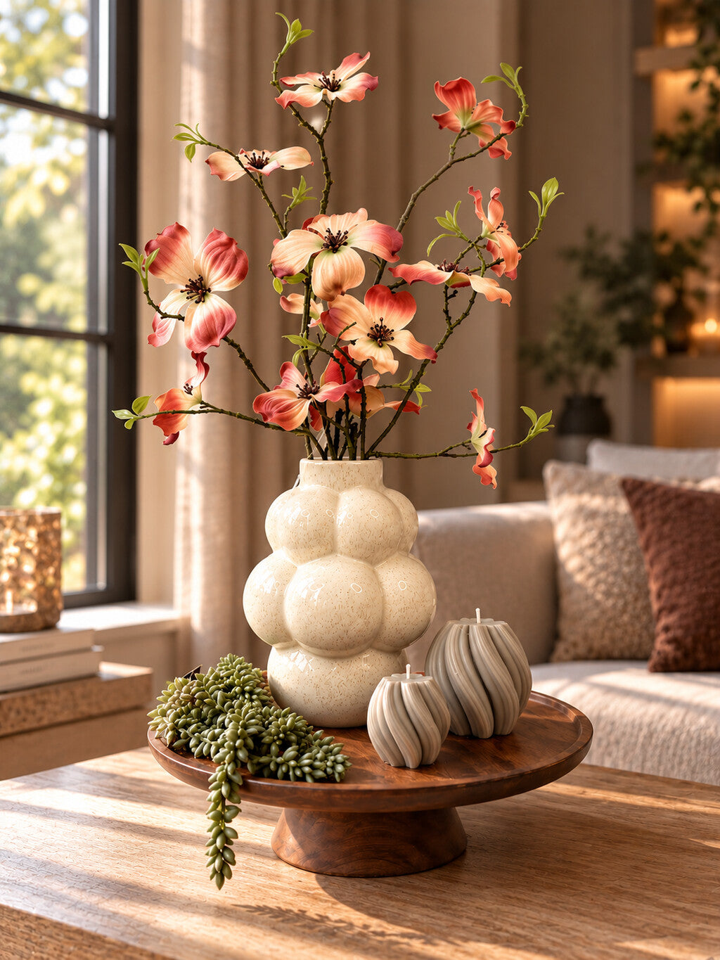Tafel decoratie set Livara met houten dienblad, beige vaas, kleurrijke kunstbloemen, groene hangplant en decoratieve kaarsen.