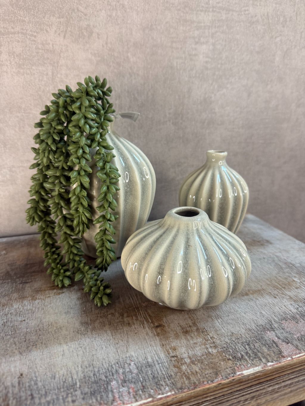 Set van drie keramieken vazen Amelie in grijs/beige met organische golvende vormen en glanzende afwerking met kunst erwtenplant