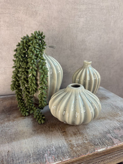 Set van drie keramieken vazen Amelie in grijs/beige met organische golvende vormen en glanzende afwerking met kunst erwtenplant