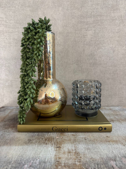 Set met gouden vaas, groene hangplant, smokey waxinelichthouder en Gucci boek op houten ondergrond.