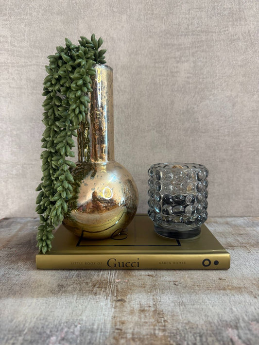 Set met gouden vaas, groene hangplant, smokey waxinelichthouder en Gucci boek op houten ondergrond.