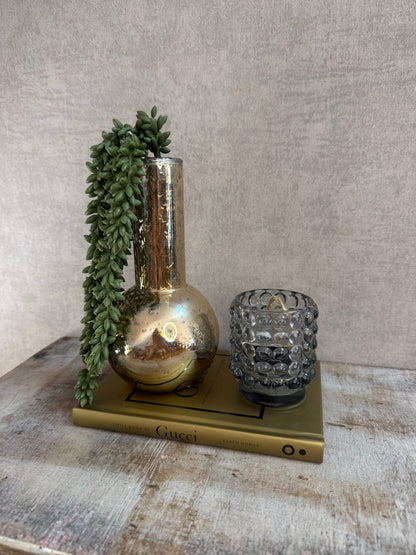 Set met gouden vaas, groene hangplant, smokey waxinelichthouder en Gucci boek op houten ondergrond.